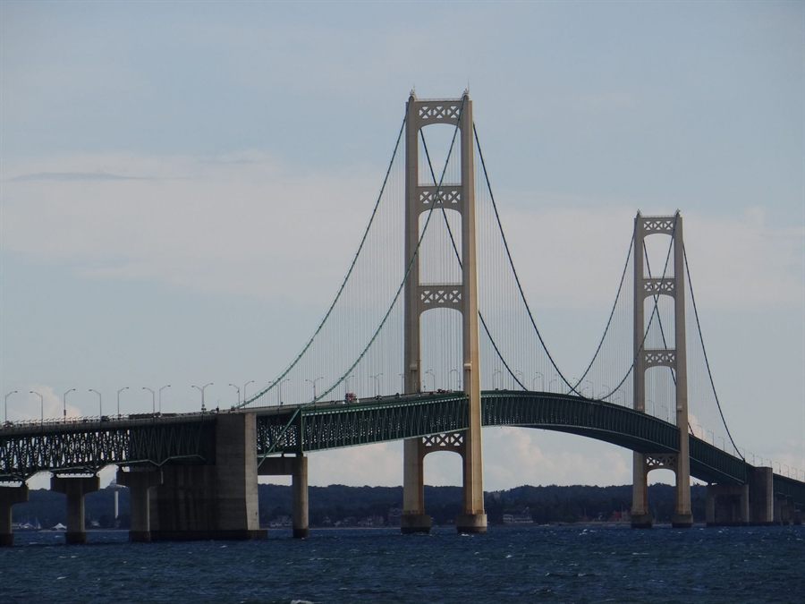 Mackinac Bridge stretching across the Straits of Mackinac on a clear day