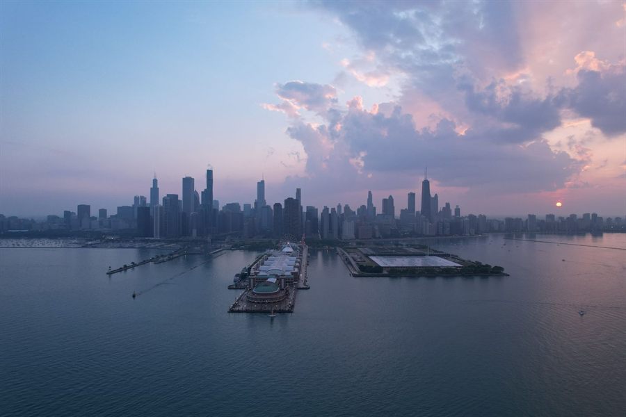 Aerial view of Chicago at sunset with Navy Pier reaching into Lake Michigan