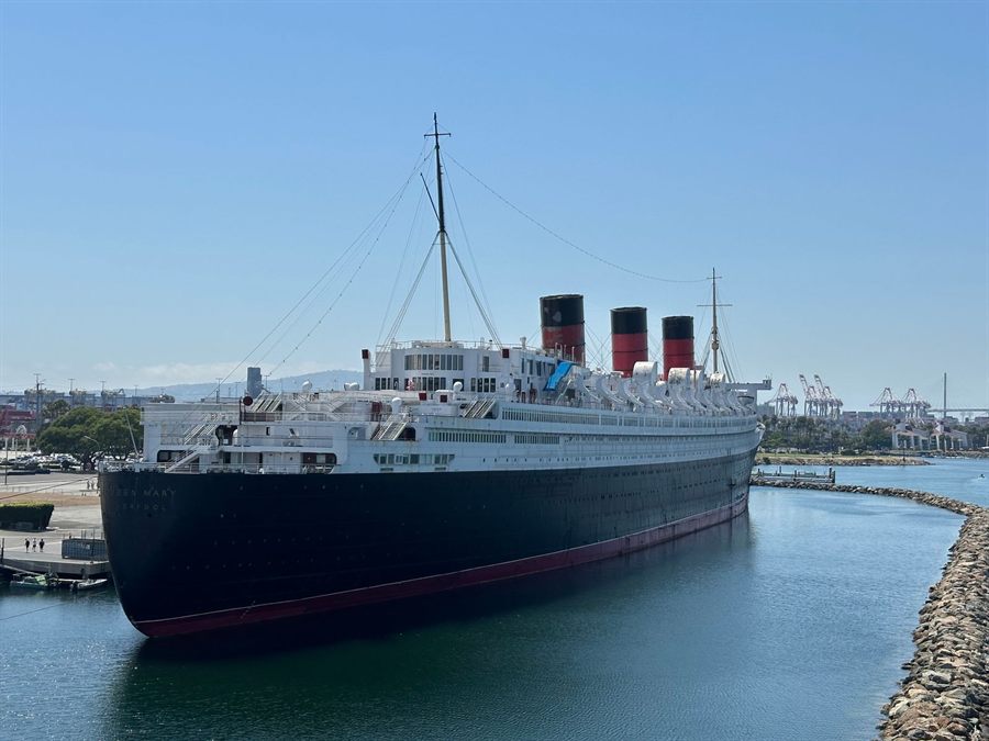 The historic liner Queen Mary, now a landmark, docked in Long Beach, California
